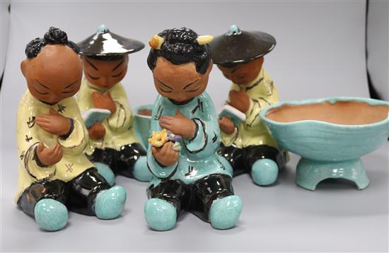 Gudrun Baudisch (1907-1982). A set of four Wiener Werkstatte tin glazed terracotta figures of China men, 21.5- 22cm high